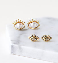 Load image into Gallery viewer, Hamsa Eye Pearl Stud Earrings
