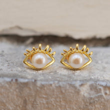 Load image into Gallery viewer, Hamsa Eye Pearl Stud Earrings
